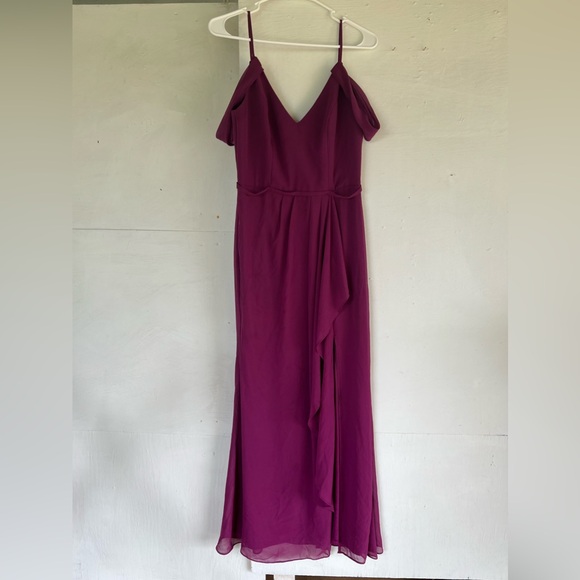 David’s Bridal Sangria Pink Long Maxi Chiffon Bridesmaid Prom Dress with Slit - Picture 3 of 10